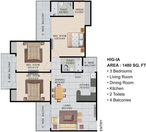 The floor plan size of Panchsheel Greens 2 3 BHK Flat is 1480 sq ft.